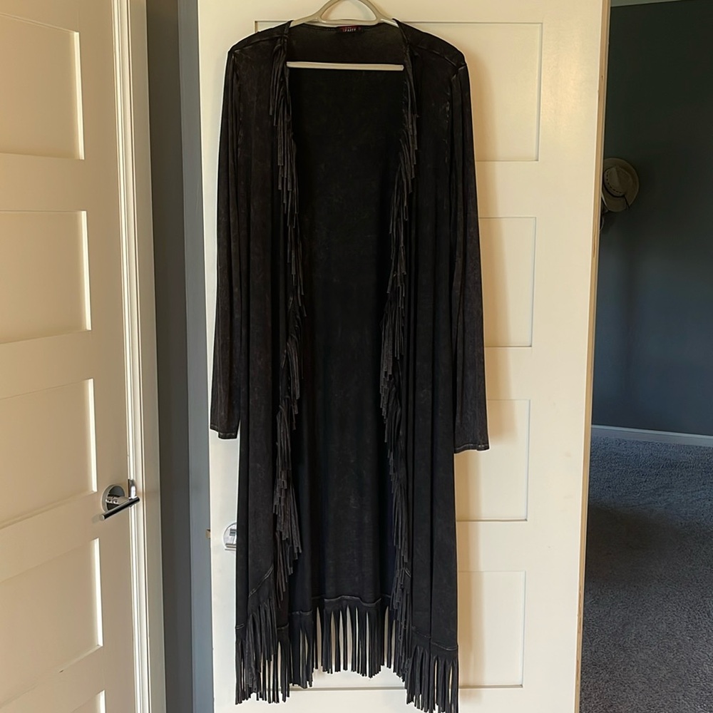 Black, ankle length fringe boho/western duster